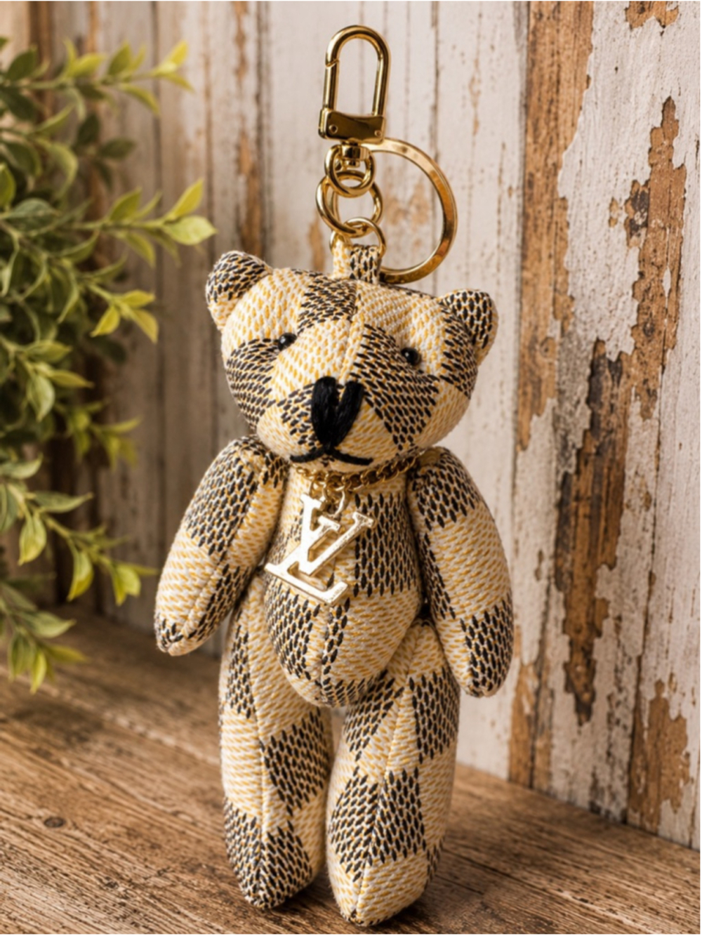 Handmade Designer Canvas Teddy Bear Keychain Charm Gold Tone